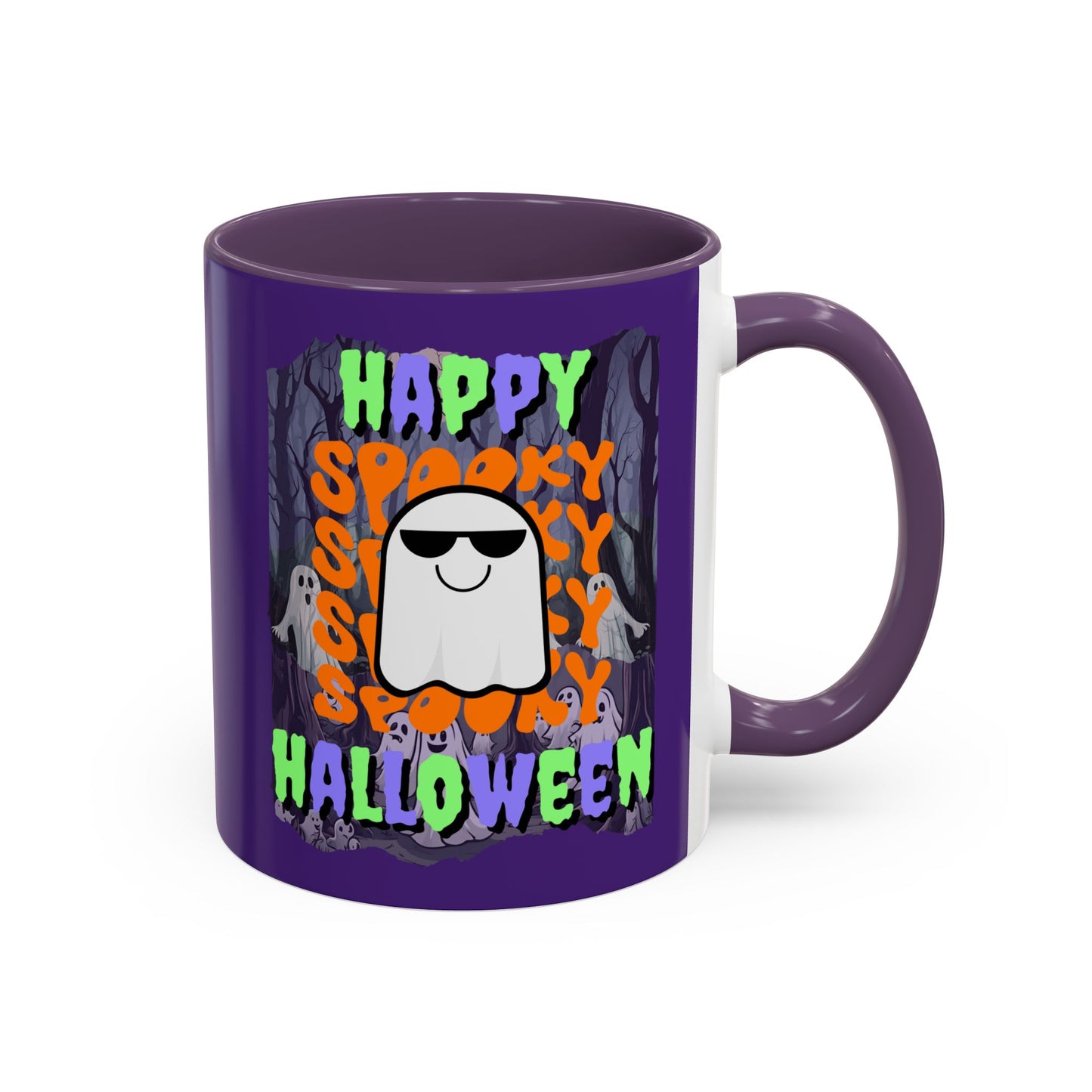 Spooky Happy Halloween Ghost Mixed font Purple Accent Mug by CreepyCrafts.boo