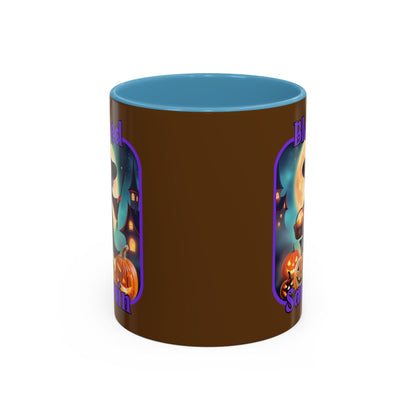 Blessed Samhain Little Witch Purple font Brown Accent Mug by CreepyCrafts.boo