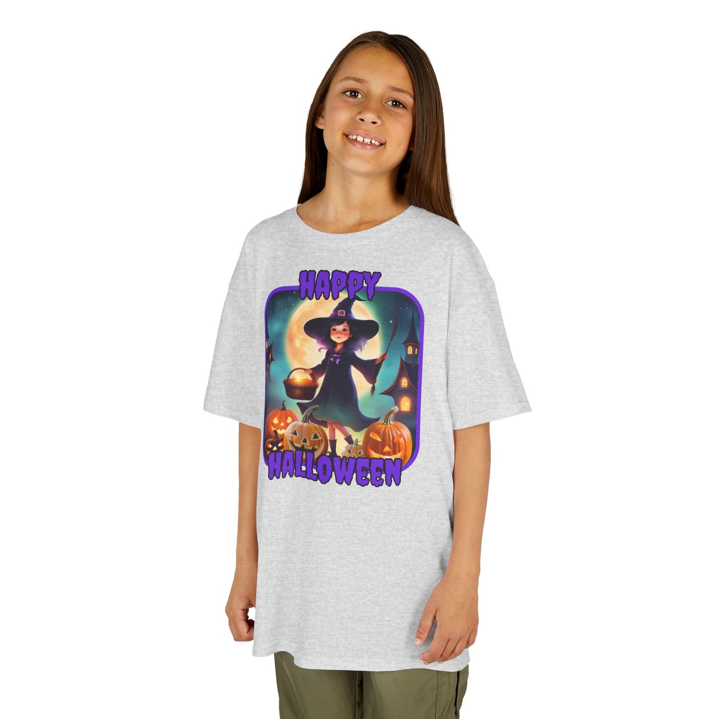 Happy Halloween Little Witch Purple font Kids Heavy Cotton™ Tee by CreepyCrafts.boo