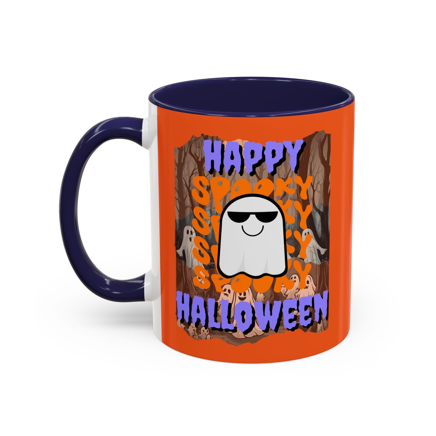 Spooky Happy Halloween Ghost Purple font Orange Accent Mug by CreepyCrafts.boo