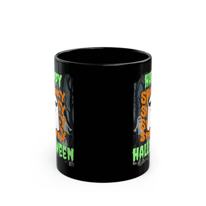 Spooky Happy Halloween Ghost Green font Black Mug by CreepyCrafts.boo