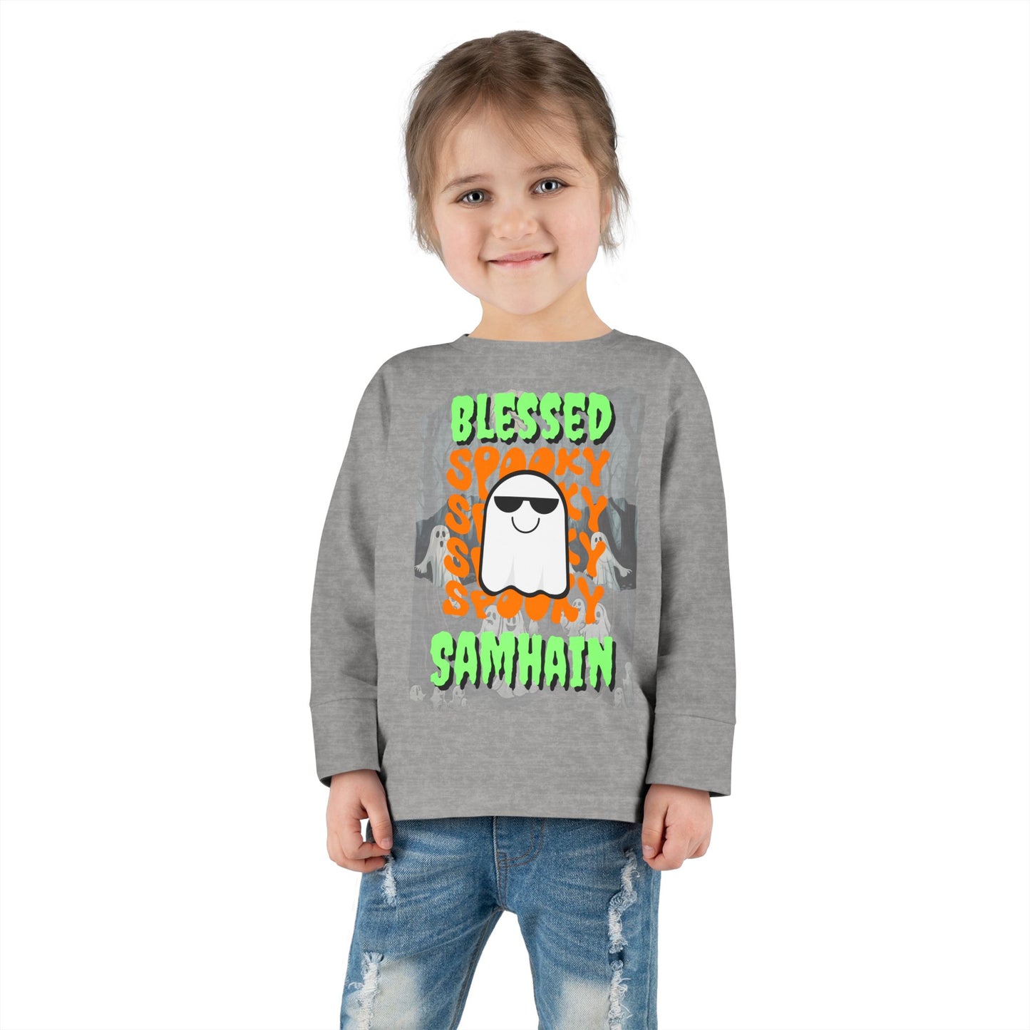Spooky Blessed Samhain Ghost Green font Toddler Long Sleeve Tee by CreepyCrafts.boo