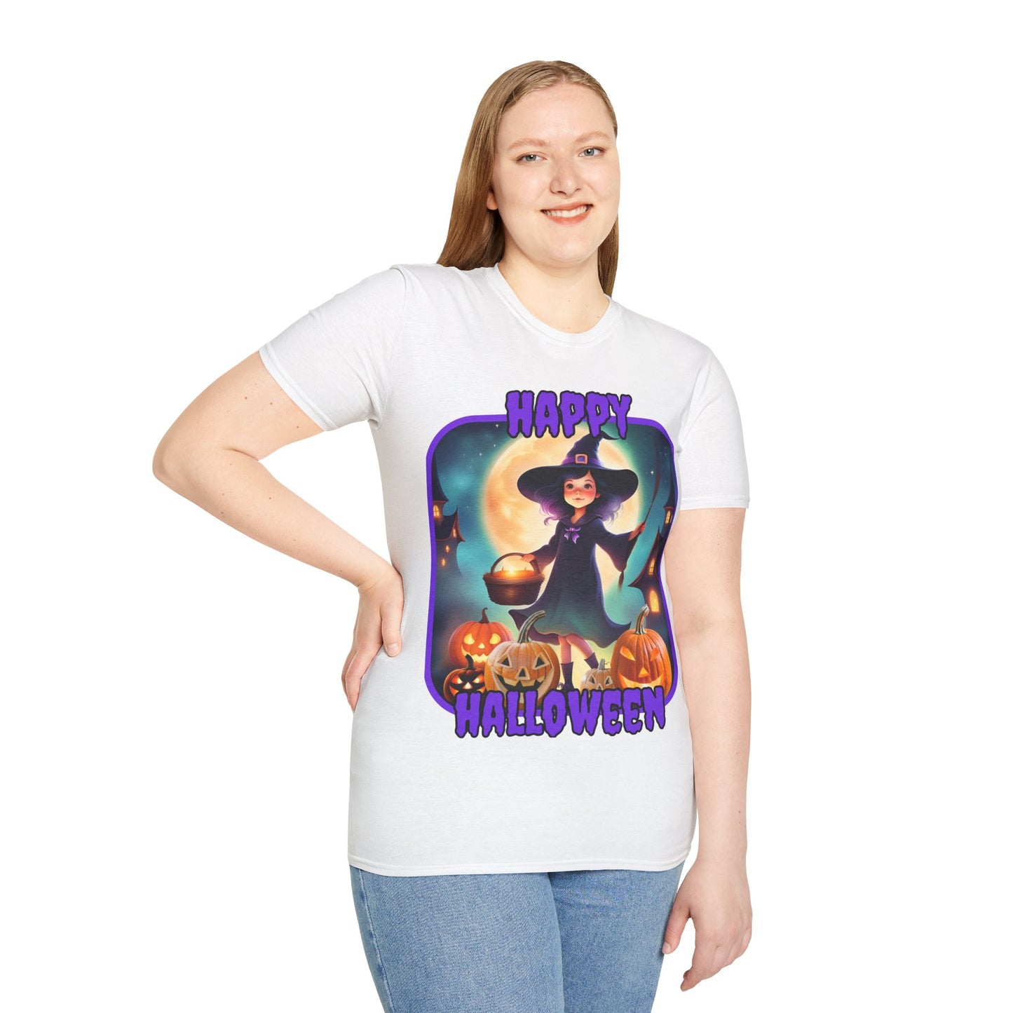 Happy Halloween Little Witch Purple font, Light colors, Unisex T-Shirt by CreepyCrafts.boo