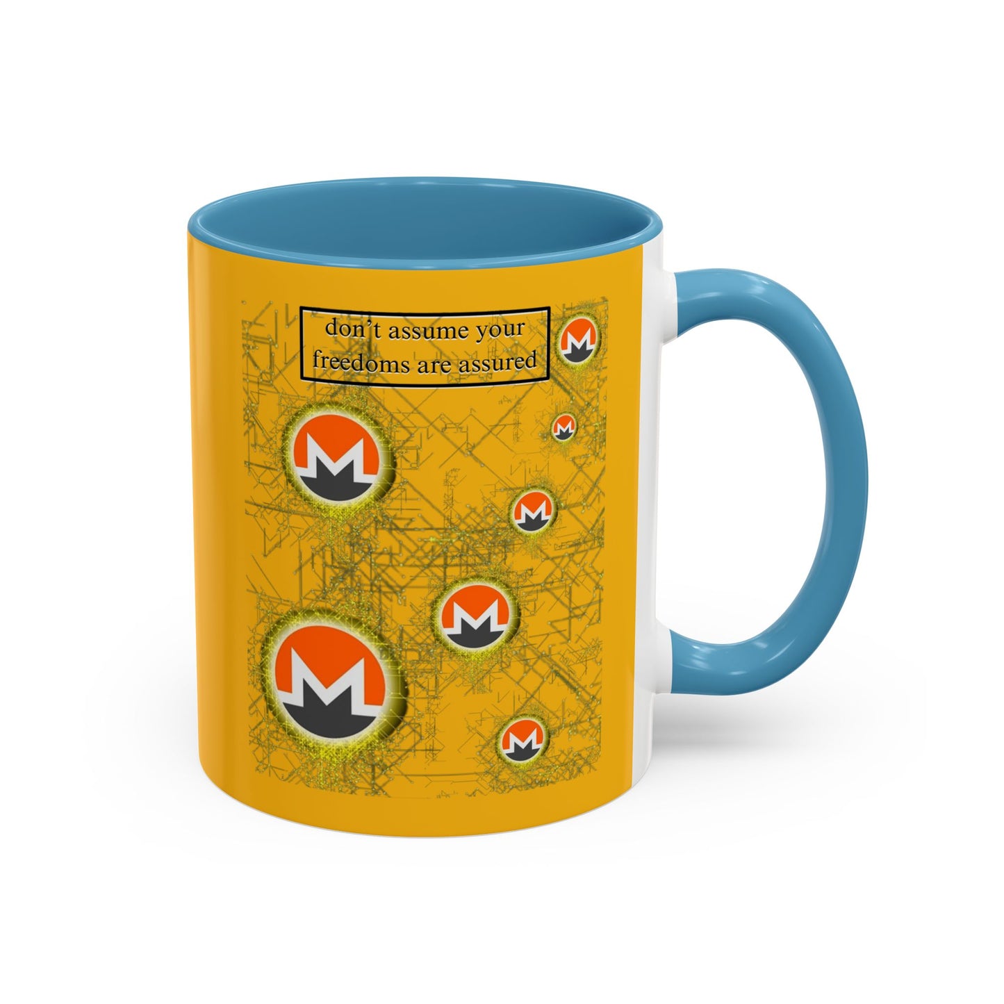 Monero (XMR) don't assume your freedoms are assured Yellow Accent Mug by cypherpunkgear.com