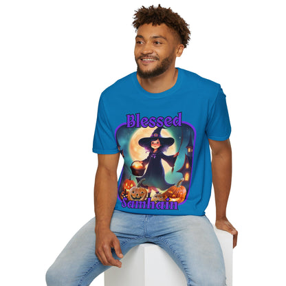 Blessed Samhain Little Witch Purple font Dark colors Unisex T-Shirt by CreepyCrafts.boo
