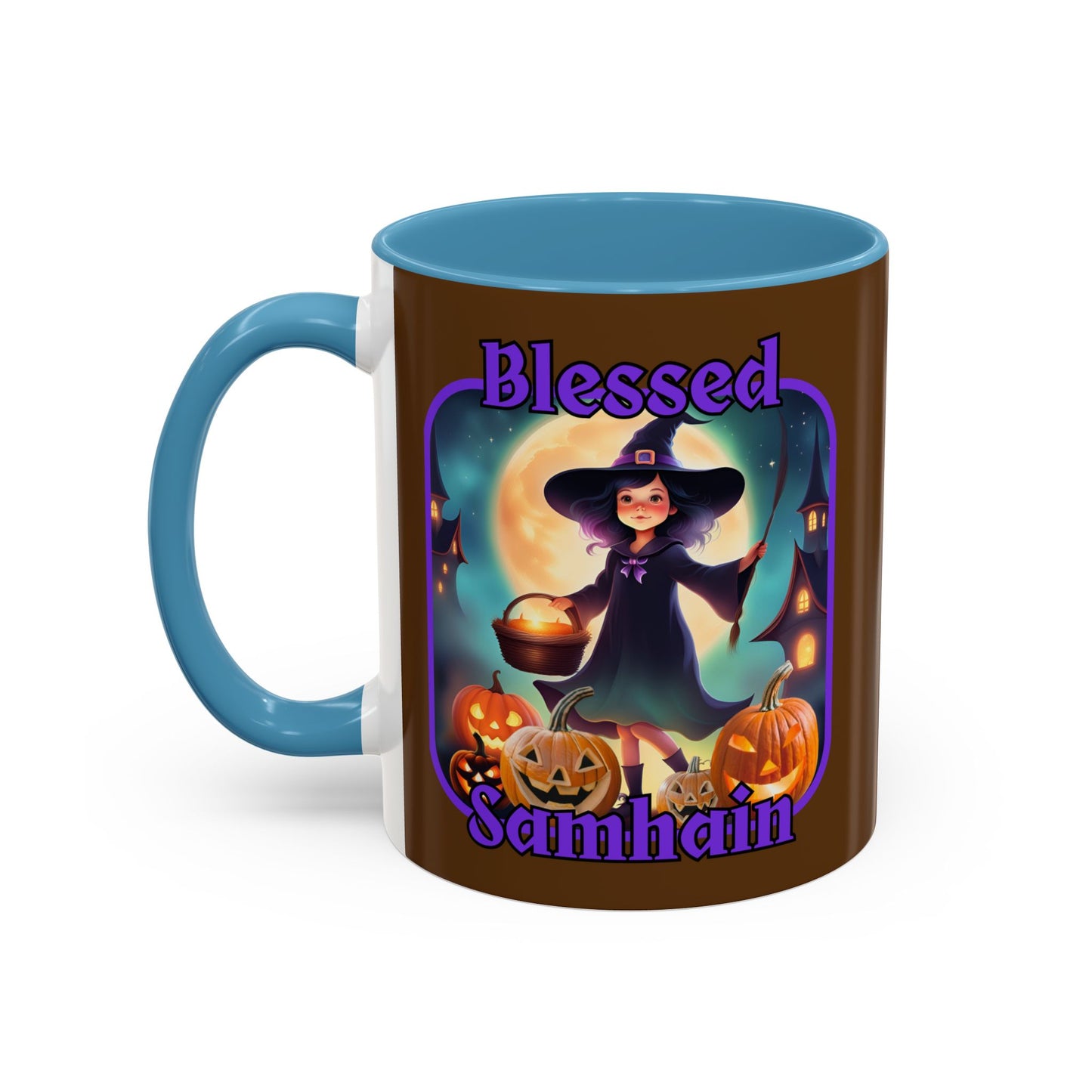 Blessed Samhain Little Witch Purple font Brown Accent Mug by CreepyCrafts.boo