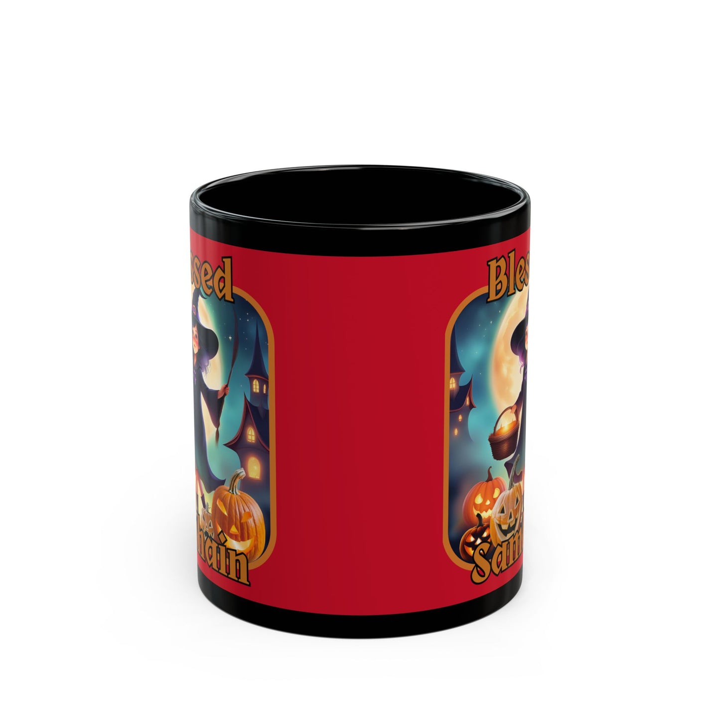 Blessed Samhain Little Witch Orange font Red Mug by CreepyCrafts.boo