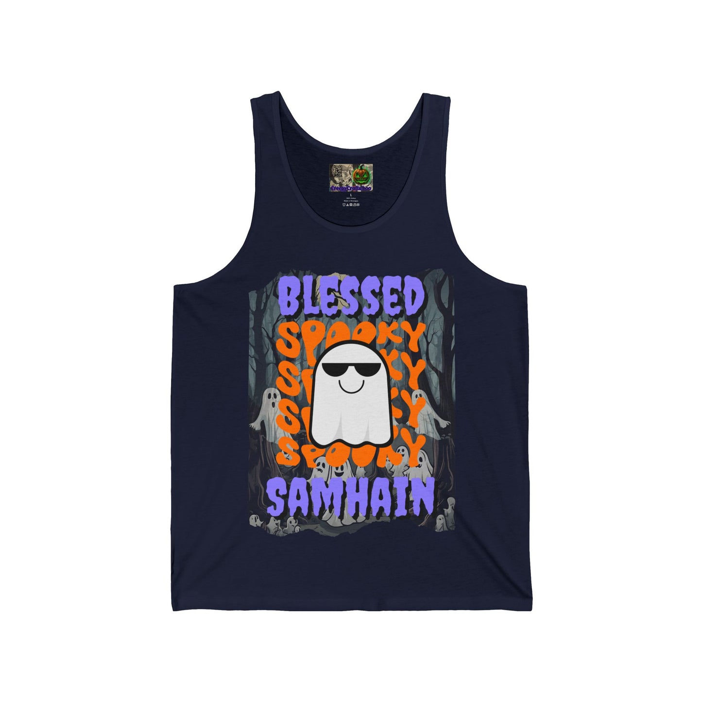 Spooky Blessed Samhain Ghost Purple font Unisex Jersey Tank Top by CreepyCrafts.boo