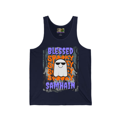 Spooky Blessed Samhain Ghost Purple font Unisex Jersey Tank Top by CreepyCrafts.boo