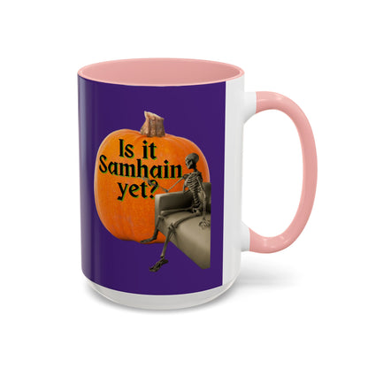 Is It Samhain Yet? Skeleton's Giant Pumpkin Purple Accent Mug by CreepyCrafts.boo