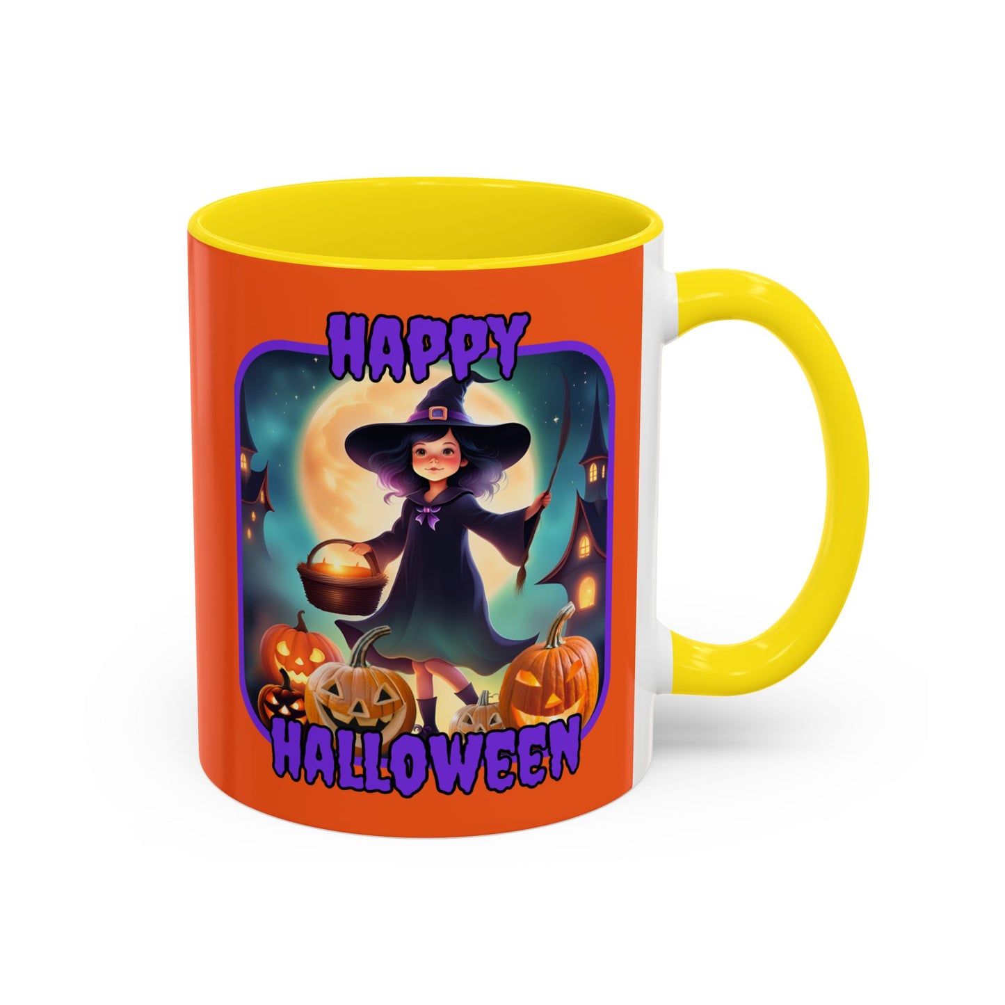 Happy Halloween Little Witch Purple font Orange Accent Mug by CreepyCrafts.boo