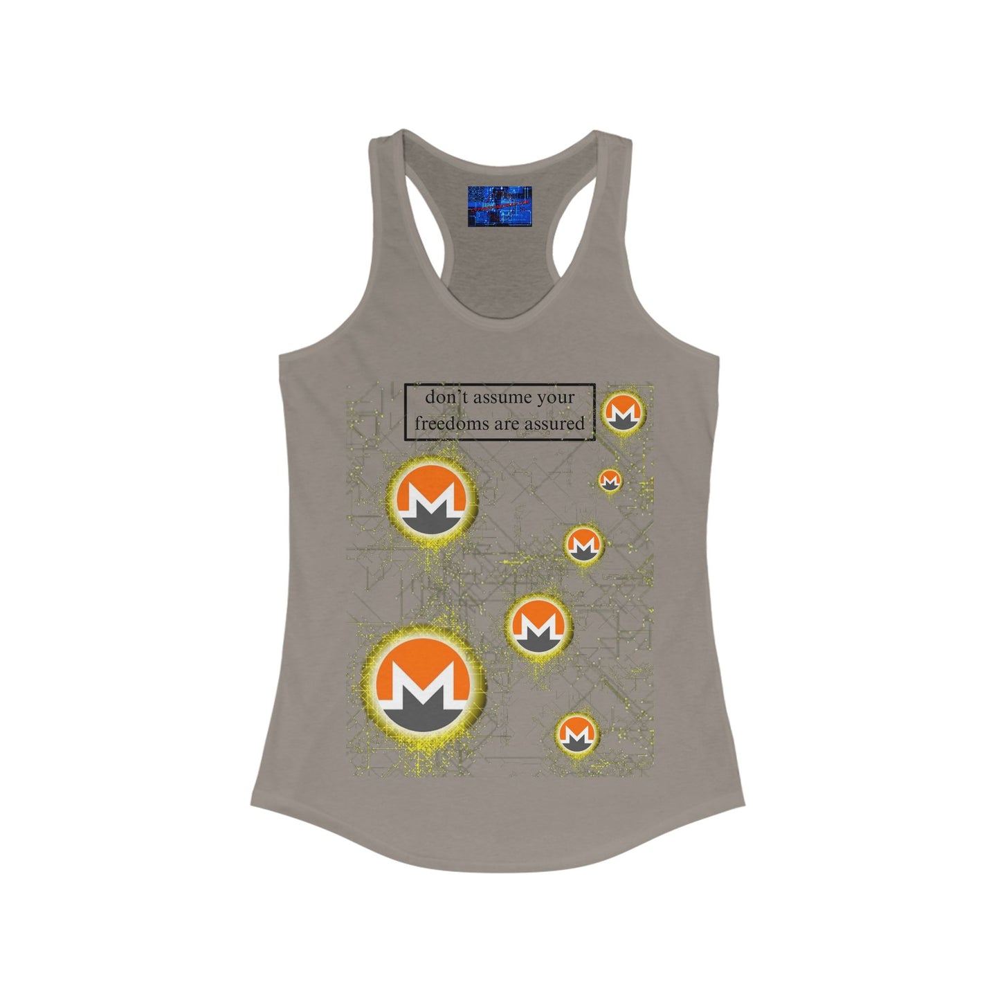 Monero (XMR) don't assume your freedoms are assured Light colors Women's Racerback Tank Top by cypherpunkgear.com