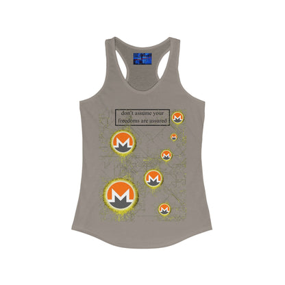 Monero (XMR) don't assume your freedoms are assured Light colors Women's Racerback Tank Top by cypherpunkgear.com