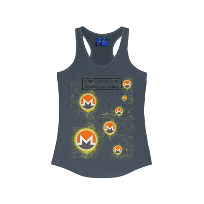 Monero (XMR) don't assume your freedoms are assured Light colors Women's Racerback Tank Top by cypherpunkgear.com