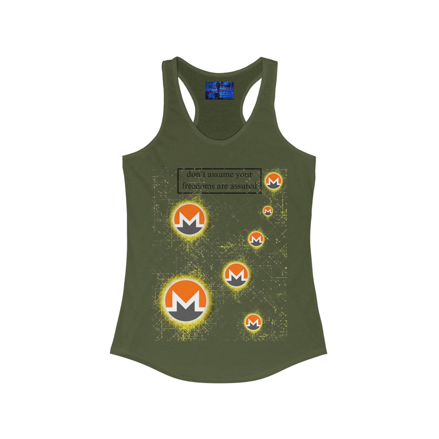 Monero (XMR) don't assume your freedoms are assured Light colors Women's Racerback Tank Top by cypherpunkgear.com