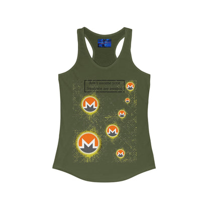 Monero (XMR) don't assume your freedoms are assured Light colors Women's Racerback Tank Top by cypherpunkgear.com