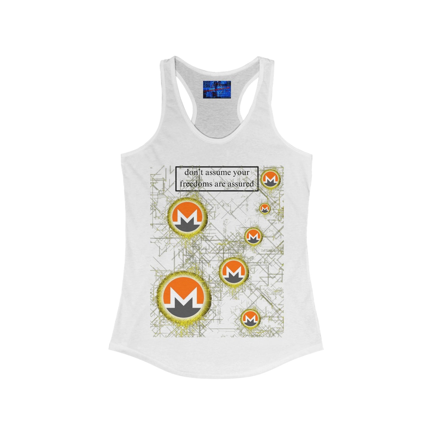 Monero (XMR) don't assume your freedoms are assured Light colors Women's Racerback Tank Top by cypherpunkgear.com