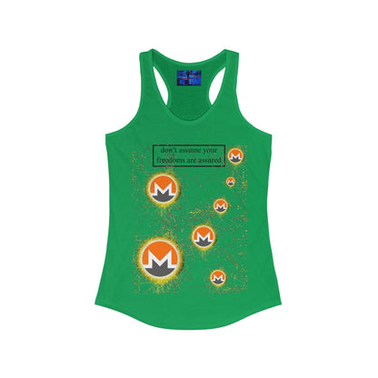 Monero (XMR) don't assume your freedoms are assured Light colors Women's Racerback Tank Top by cypherpunkgear.com