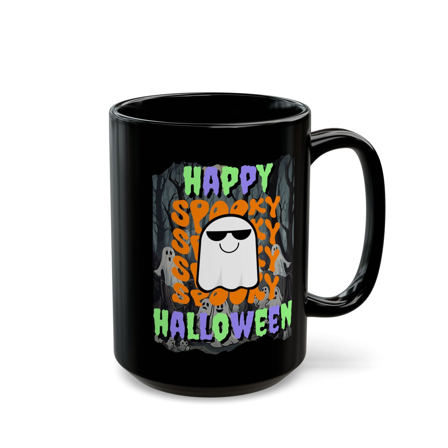 Spooky Happy Halloween Ghost Mixed font Black Mug by CreepyCrafts.boo