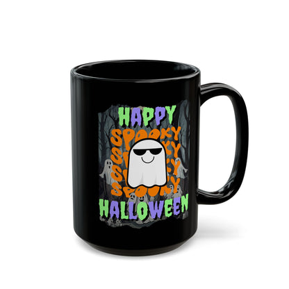 Spooky Happy Halloween Ghost Mixed font Black Mug by CreepyCrafts.boo