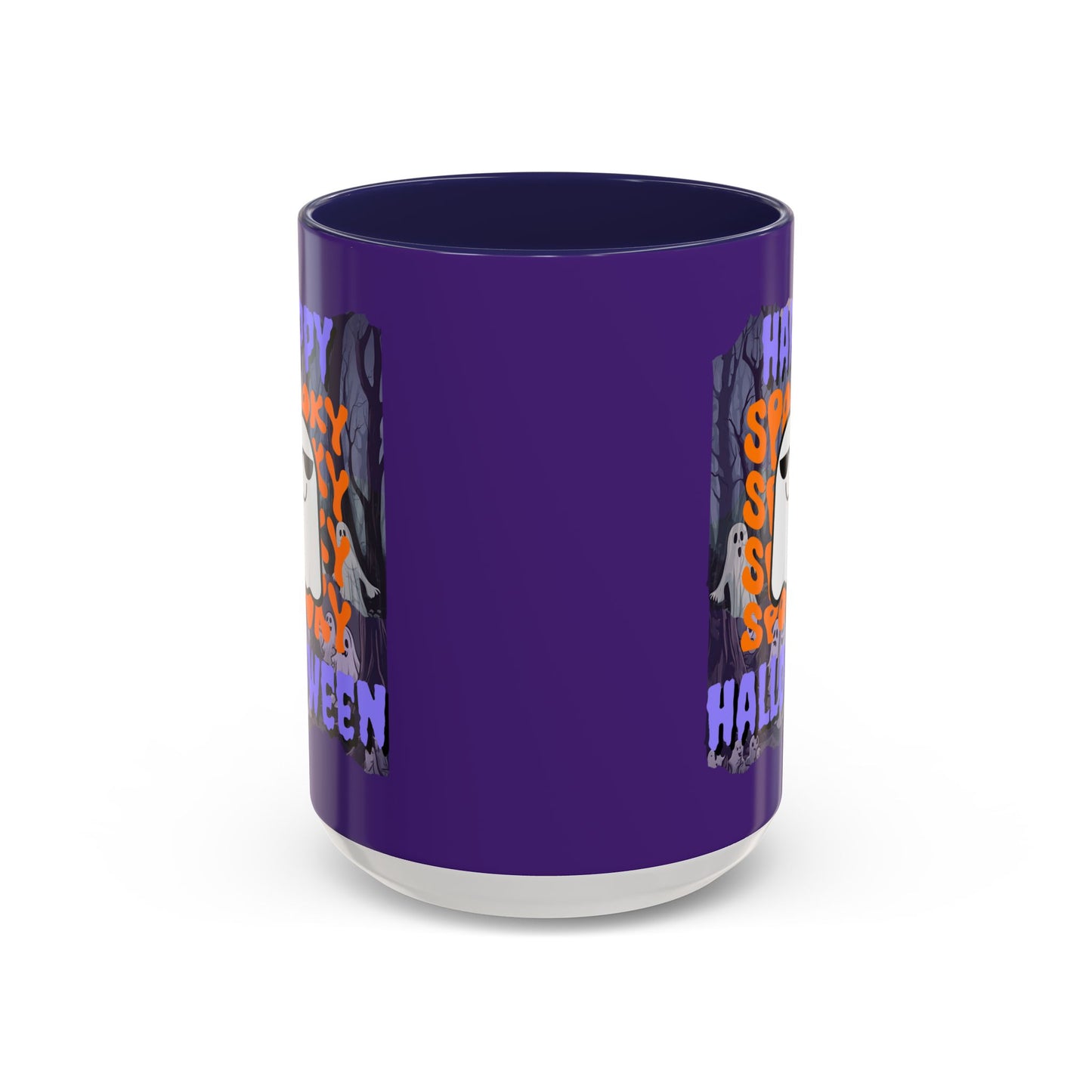 Spooky Happy Halloween Ghost Purple font Purple Accent Mug by CreepyCrafts.boo
