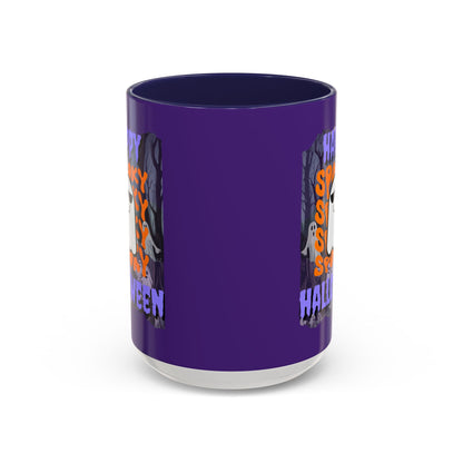 Spooky Happy Halloween Ghost Purple font Purple Accent Mug by CreepyCrafts.boo