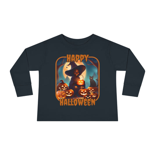 Happy Halloween Cute Witch Orange font Toddler Long Sleeve Tee by CreepyCrafts.boo