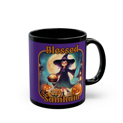 Blessed Samhain Little Witch Orange font Purple Mug by CreepyCrafts.boo