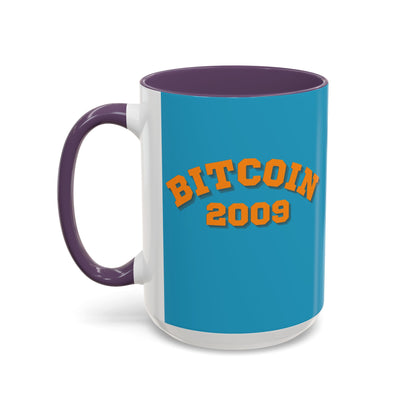 Bitcoin 2009 Turquoise Accent Mug by cypherpunkgear.com