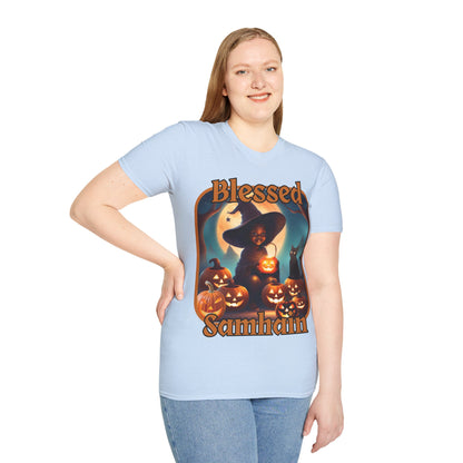 Blessed Samhain Cute Witch Orange font Light colors Unisex T-Shirt by CreepyCrafts.boo