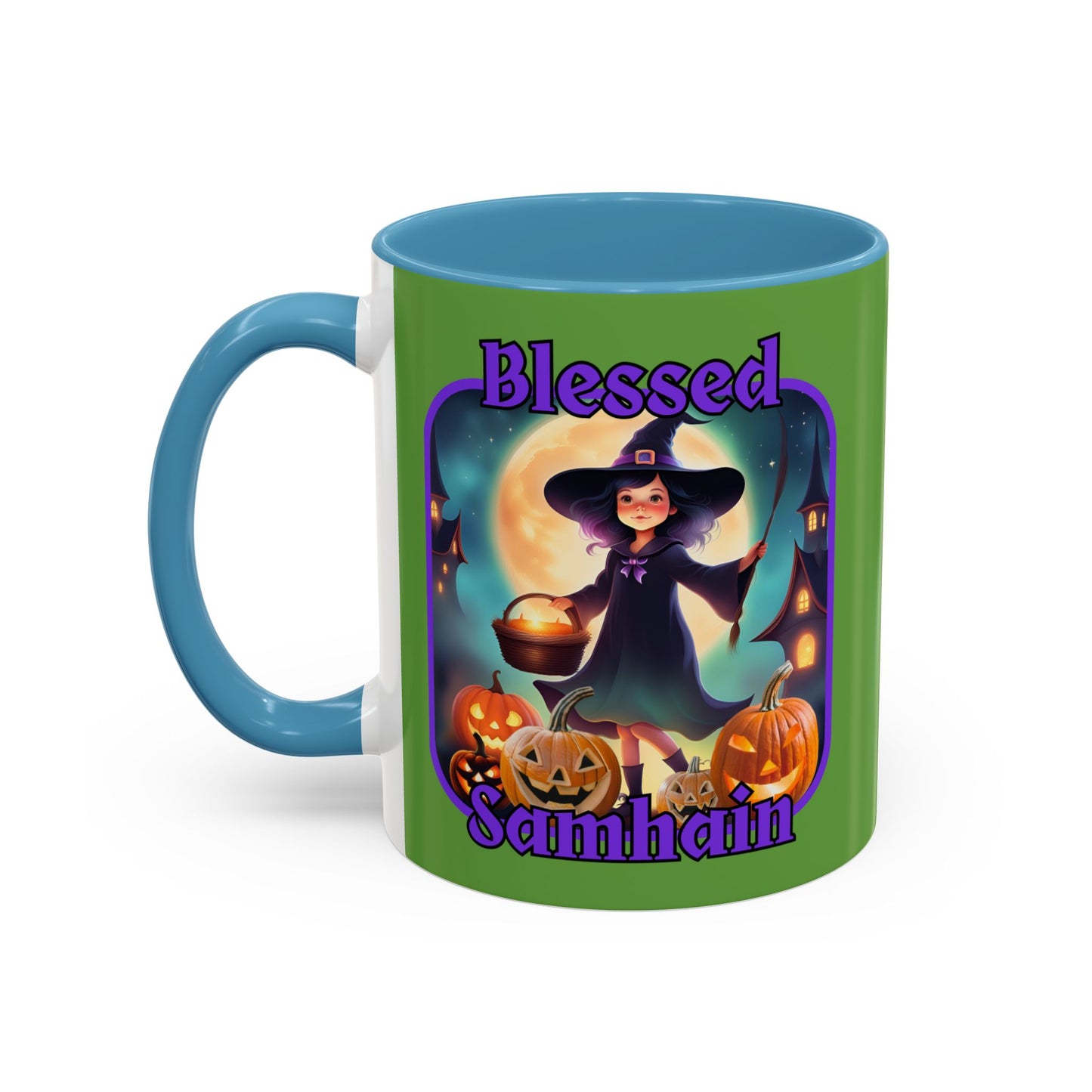 Blessed Samhain Little Witch Purple font Green Accent Mug by CreepyCrafts.boo