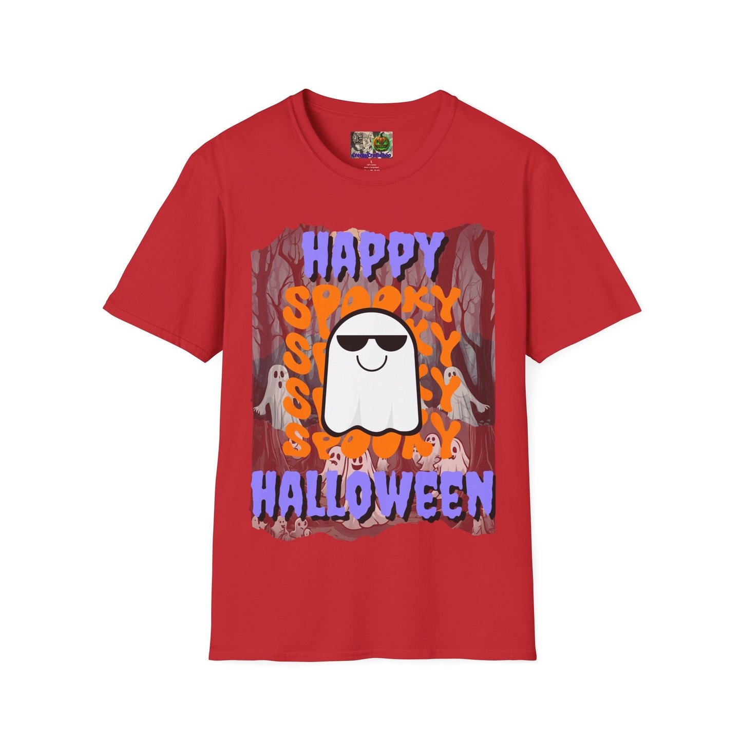 Spooky Happy Halloween Ghost Light colors Purple font Unisex T-Shirt by CreepyCrafts.boo