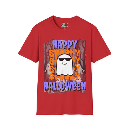 Spooky Happy Halloween Ghost Light colors Purple font Unisex T-Shirt by CreepyCrafts.boo