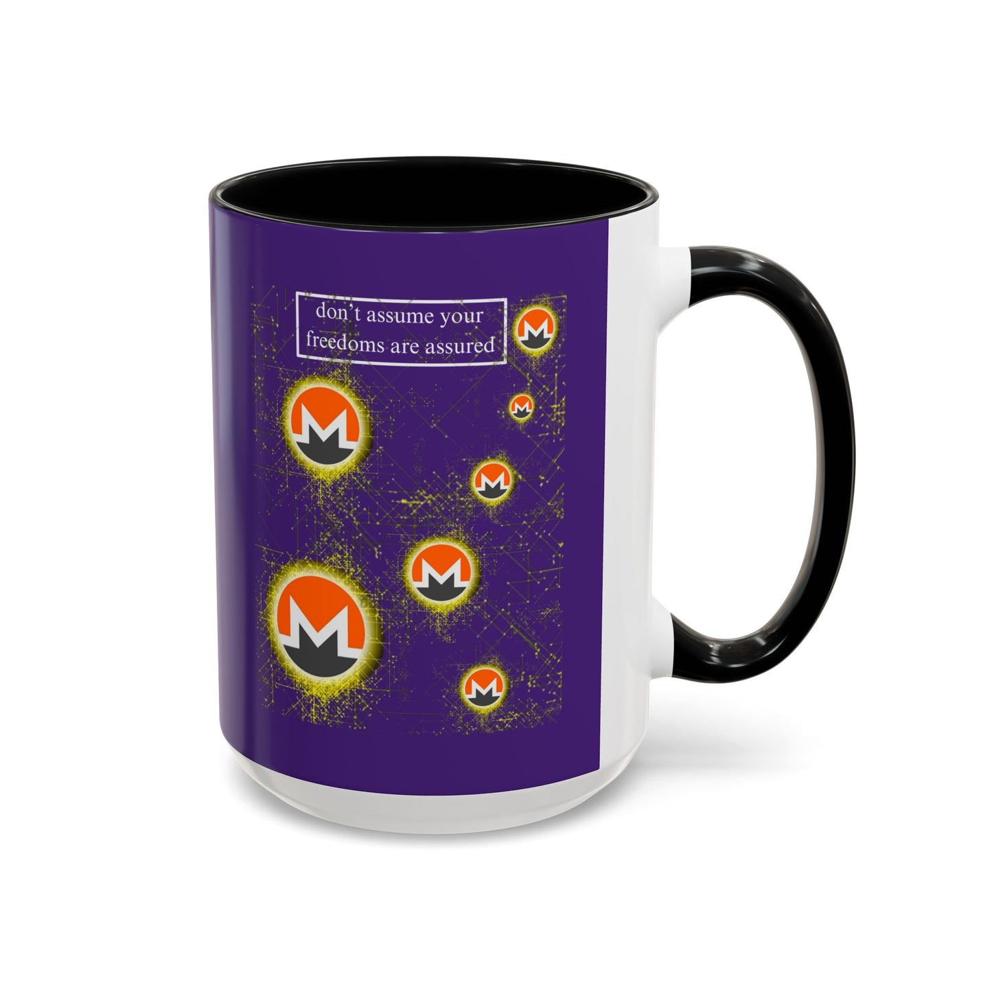 Monero (XMR) don't assume your freedoms are assured Purple Accent Mug by cypherpunkgear.com
