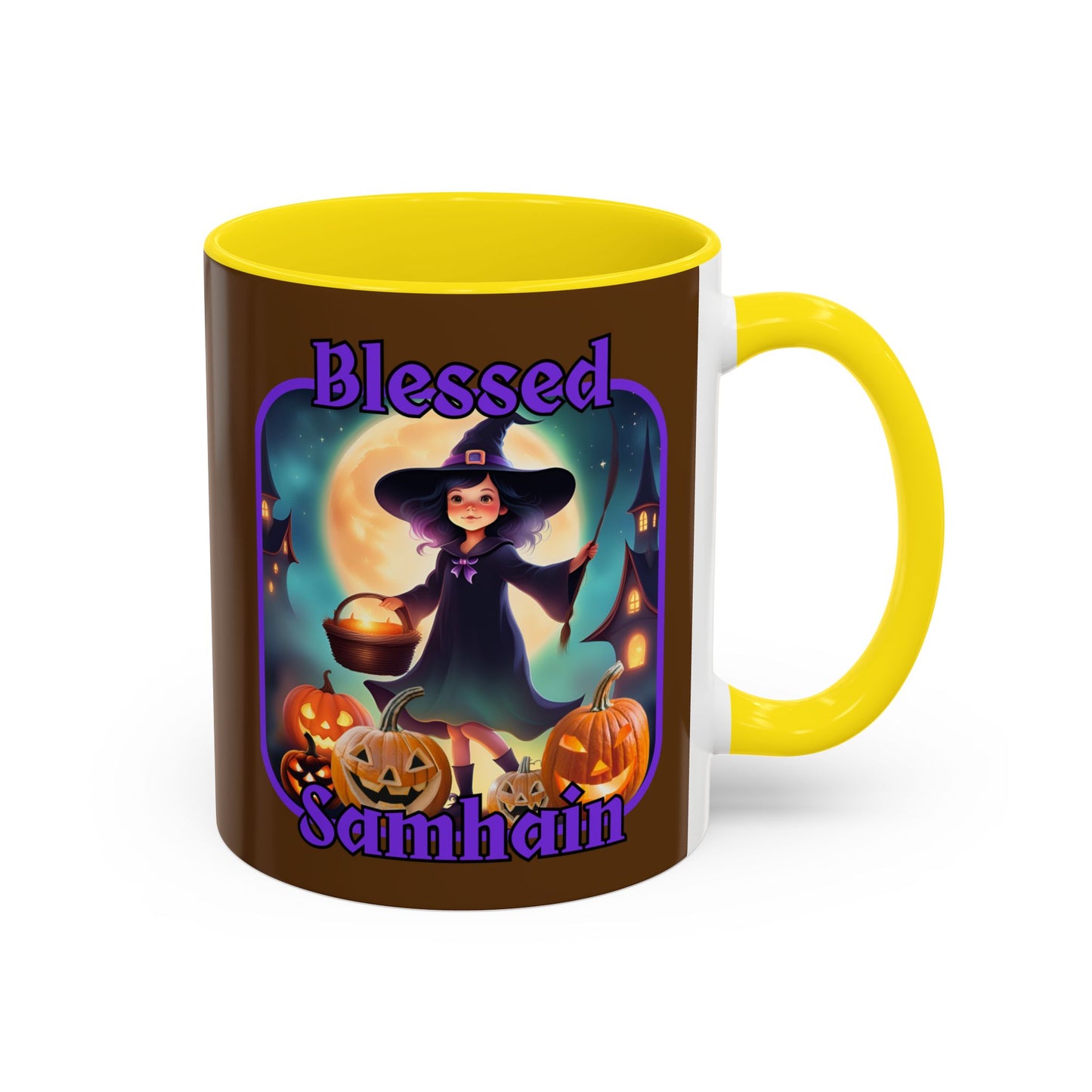 Blessed Samhain Little Witch Purple font Brown Accent Mug by CreepyCrafts.boo