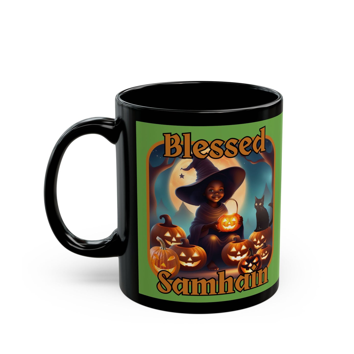 Blessed Samhain Cute Witch Orange font Green Mug by CreepyCrafts.boo