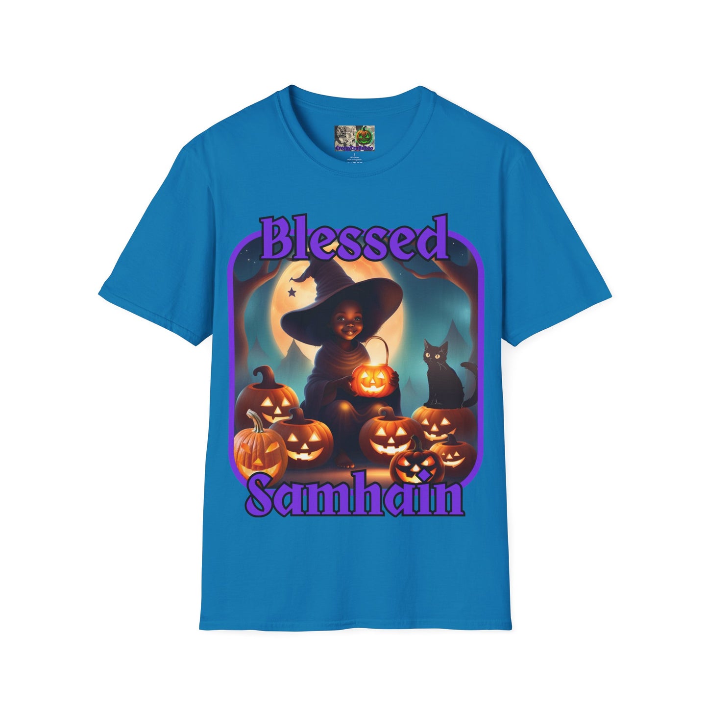 Blessed Samhain Cute Witch Purple font Dark colors Unisex T-Shirt by CreepyCrafts.boo