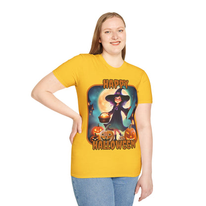 Happy Halloween Little Witch Orange font, Light colors, Unisex T-Shirt by CreepyCrafts.boo