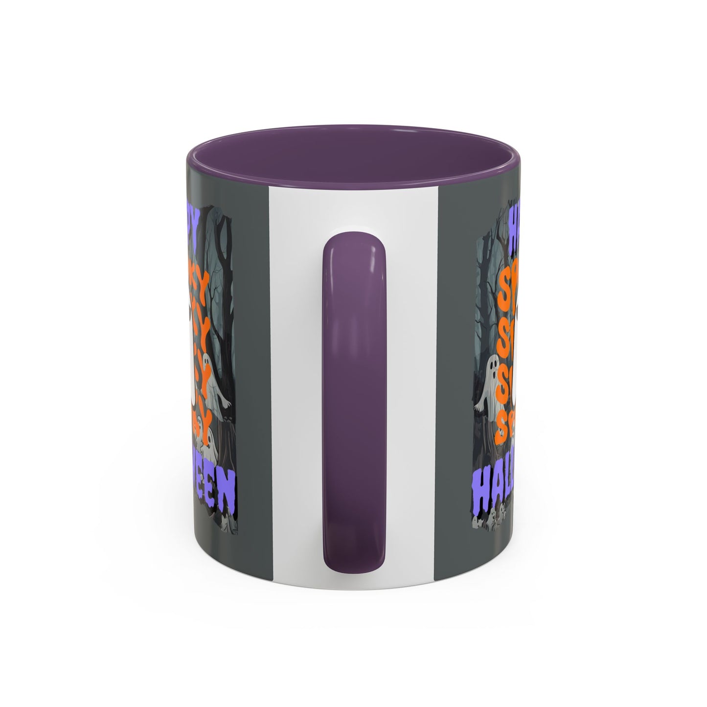 Spooky Happy Halloween Ghost Purple font Grey Accent Mug by CreepyCrafts.boo