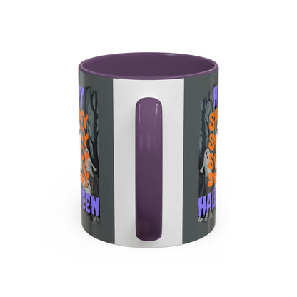 Spooky Happy Halloween Ghost Purple font Grey Accent Mug by CreepyCrafts.boo