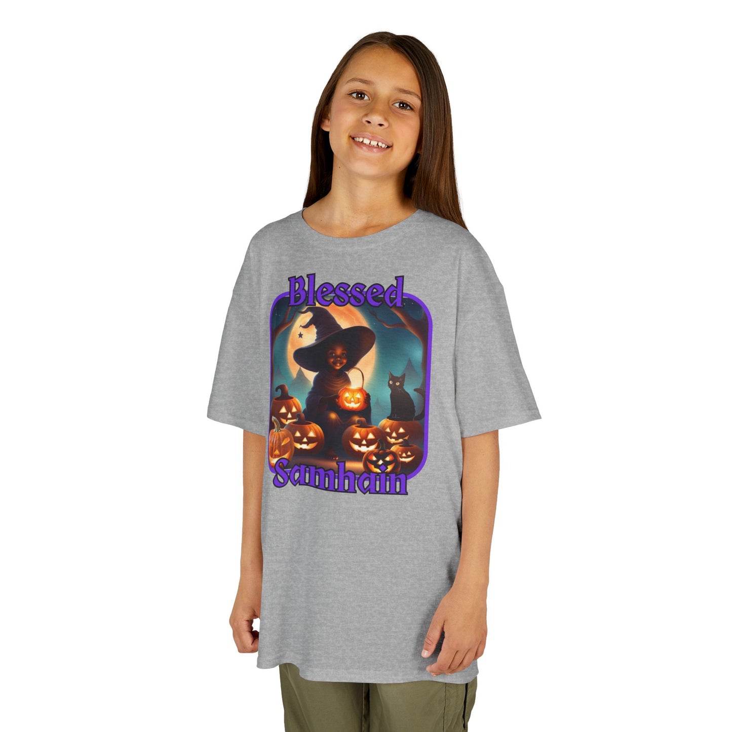Blessed Samhain Cute Witch Purple font Kids Heavy Cotton™ Tee by CreepyCrafts.boo