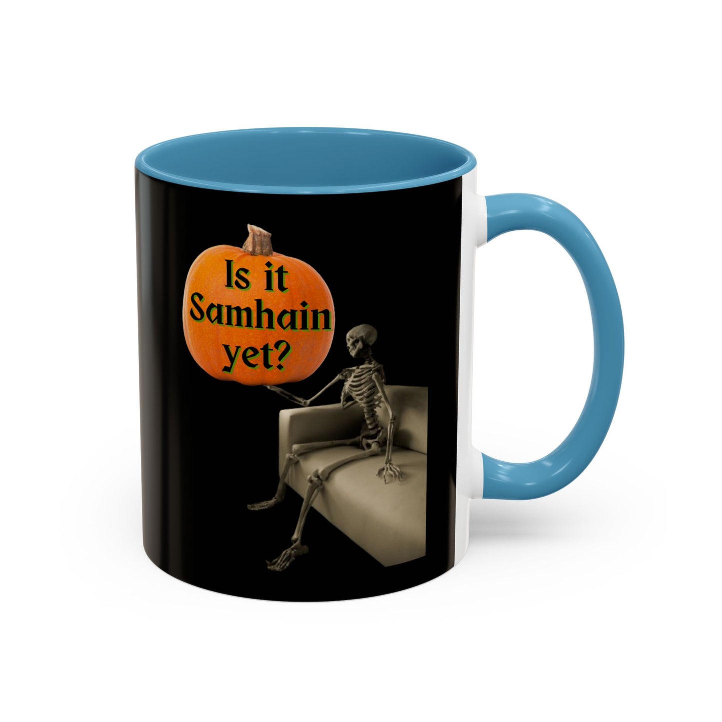 Is it Samhain yet? Skeleton's Pumpkin Black Accent Mug by CreepyCrafts.boo