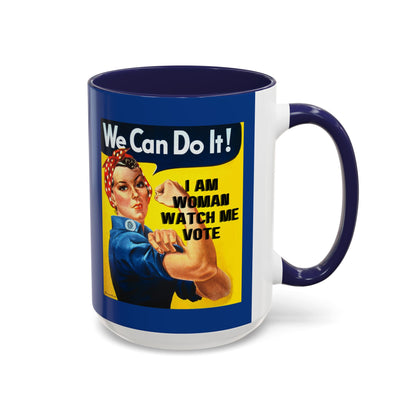 I Am Woman Watch Me Vote Rosie Dark Blue Accent Mug by cypherpunkgear.com