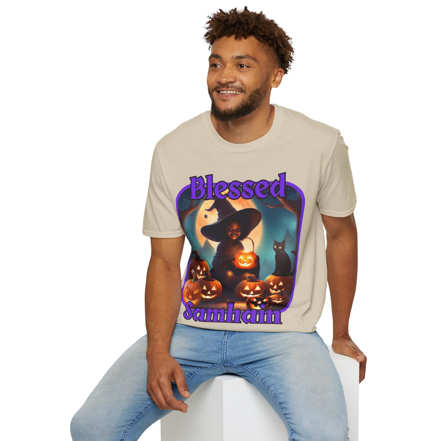 Blessed Samhain Cute Witch Purple font Light colors Unisex T-Shirt by CreepyCrafts.boo
