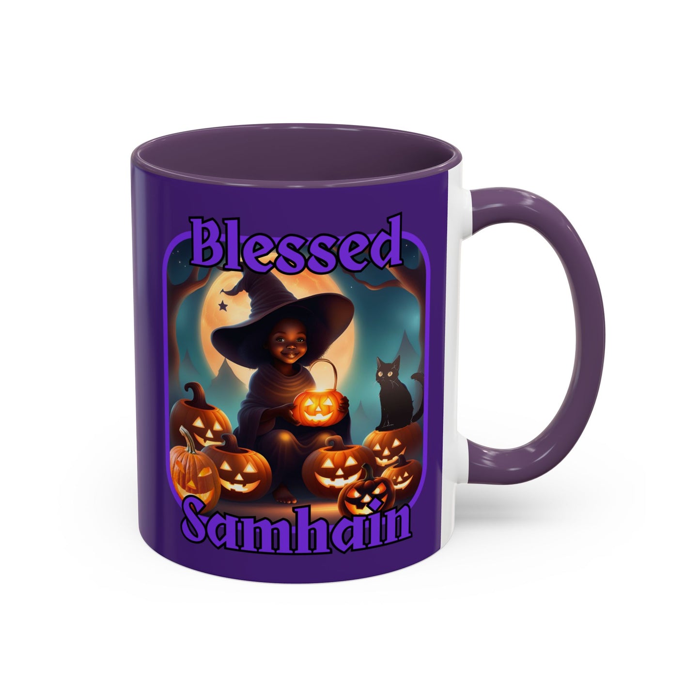 Blessed Samhain Cute Witch Purple font Purple Accent Mug by CreepyCrafts.boo