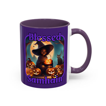 Blessed Samhain Cute Witch Purple font Purple Accent Mug by CreepyCrafts.boo