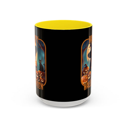 Happy Halloween Cute Witch Orange font Black Accent Mug by CreepyCrafts.boo