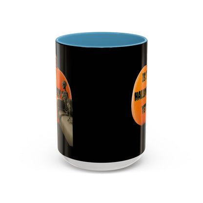 Is it Halloween yet? Skeleton's Giant Pumpkin Black Accent Mug by CreepyCrafts.boo