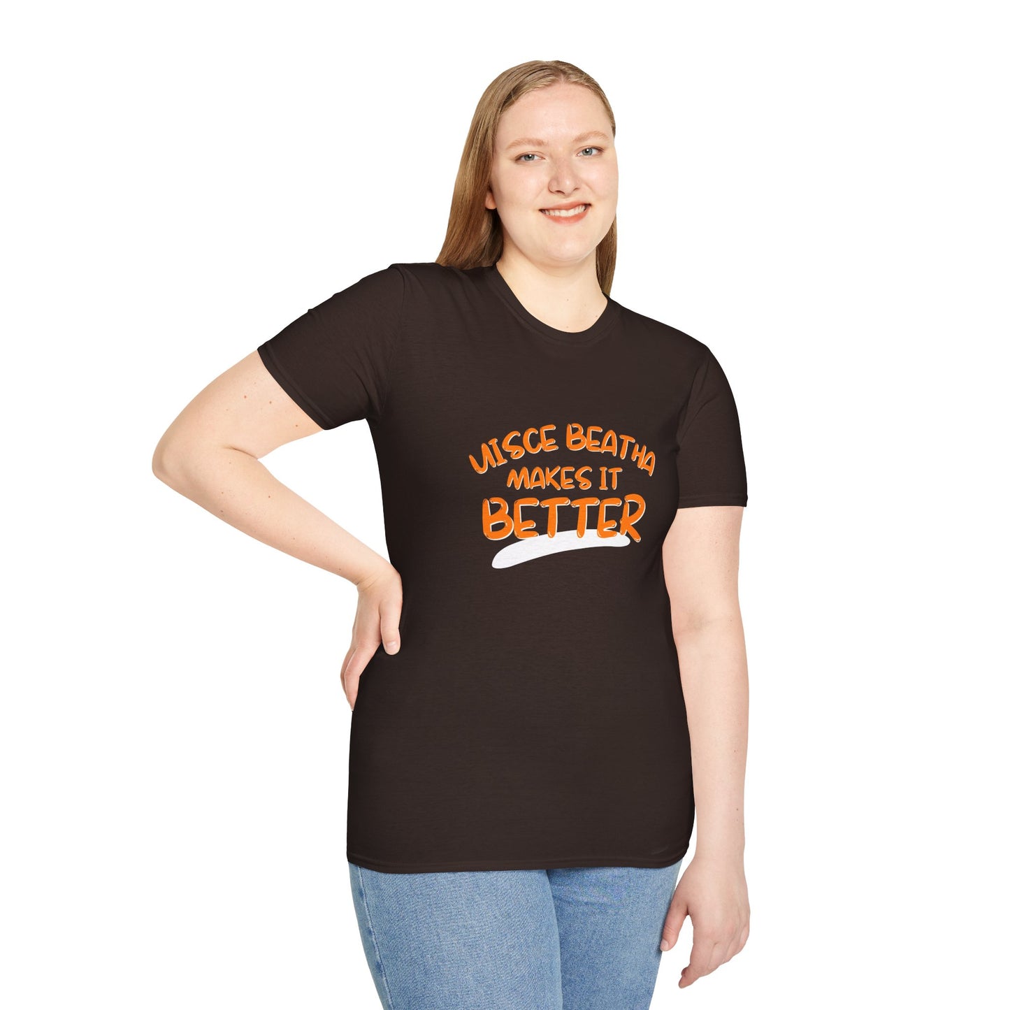 Uisce Beatha makes it better Orange font Dark colors Unisex T-Shirt by cypherpunkgear.com