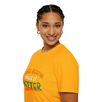 Uisce Beatha makes it better Orange, White, and Green font Light colors Unisex T-Shirt by cypherpunkgear.com